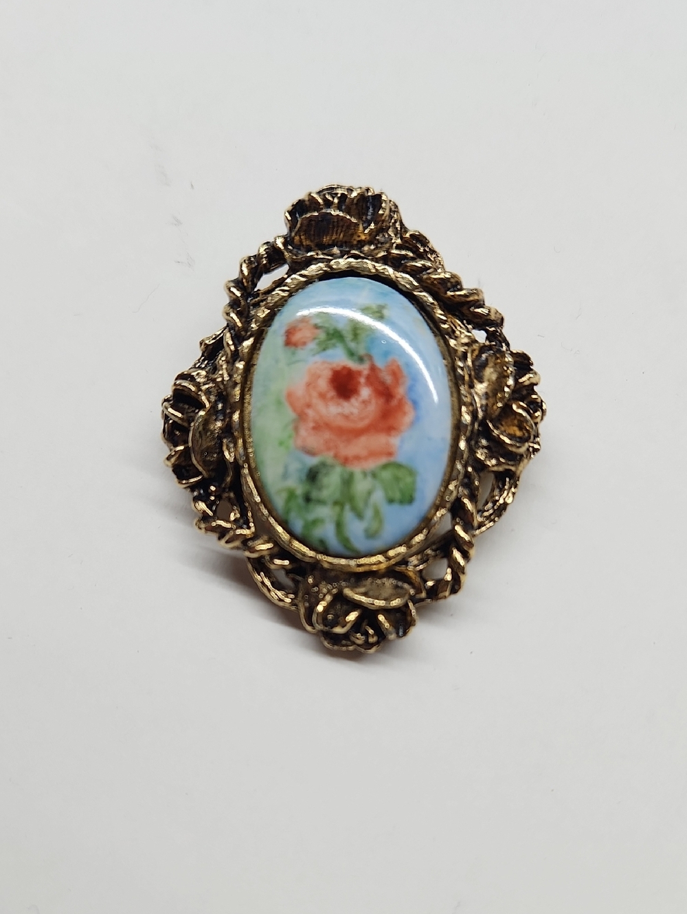 Vintage Gold-Tone Floral Porcelain Brooch with Hand-Painted Pink Rose
